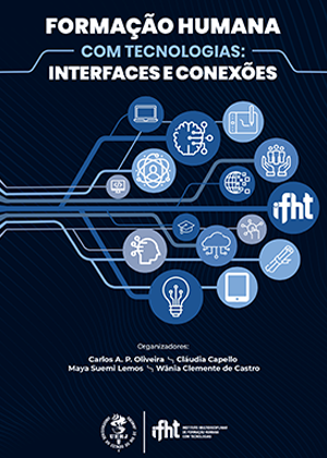 Capa com o título 'Formação Humana com Tecnologias: Interfaces e Conexões', com ícones tecnológicos em azul sobre fundo escuro.